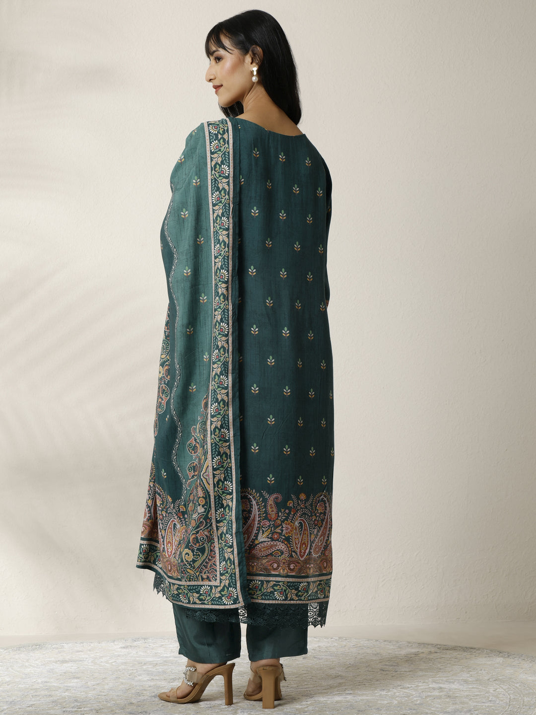 Teal Printed Muslin Straight Suit Set With Dupatta