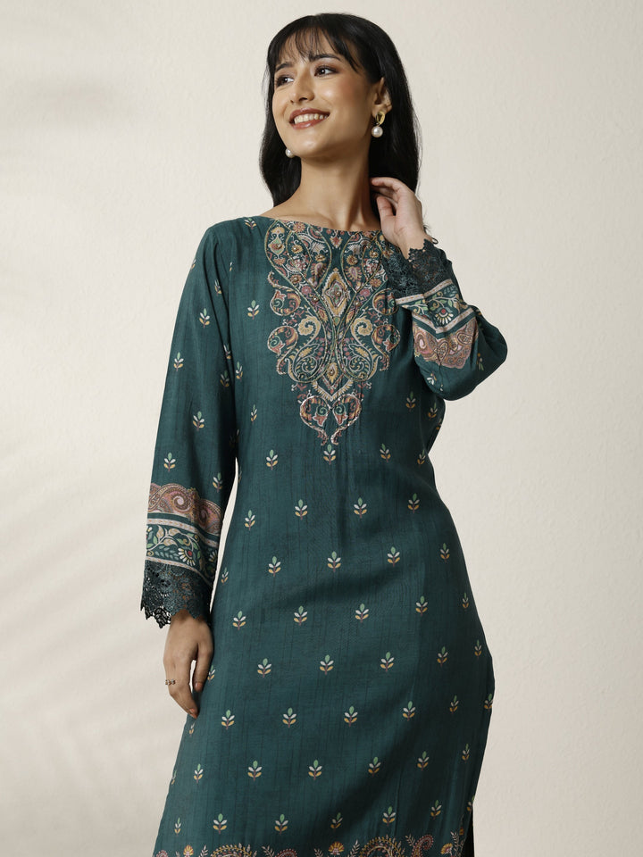 Teal Printed Muslin Straight Suit Set With Dupatta