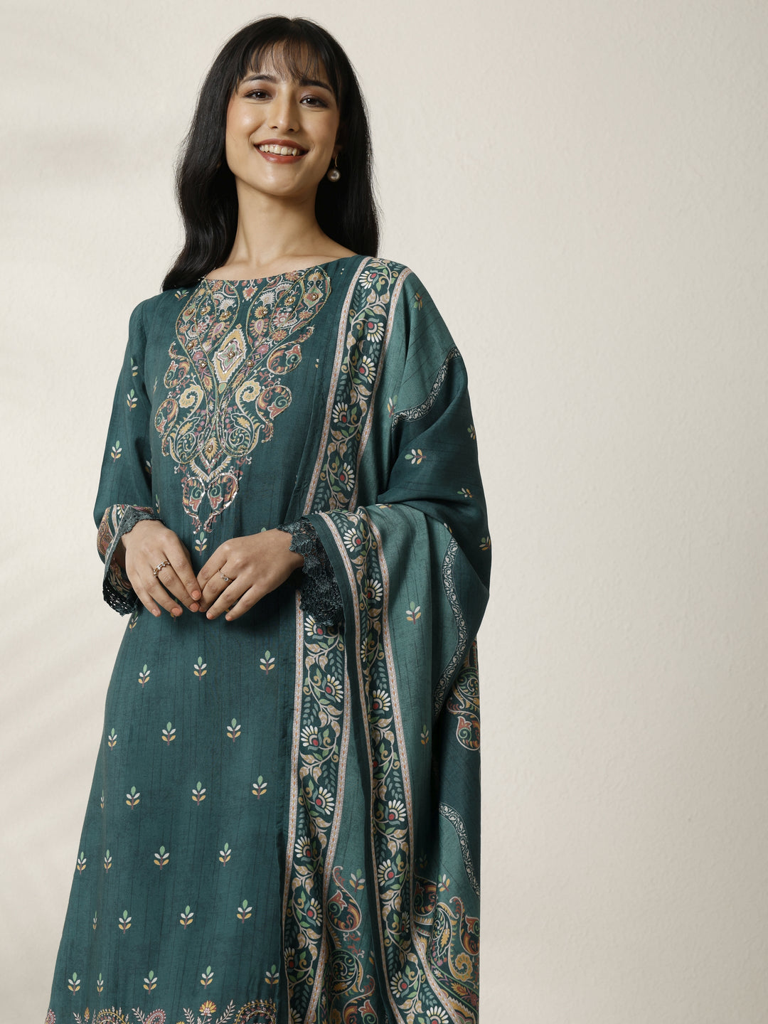 Teal Printed Muslin Straight Suit Set With Dupatta