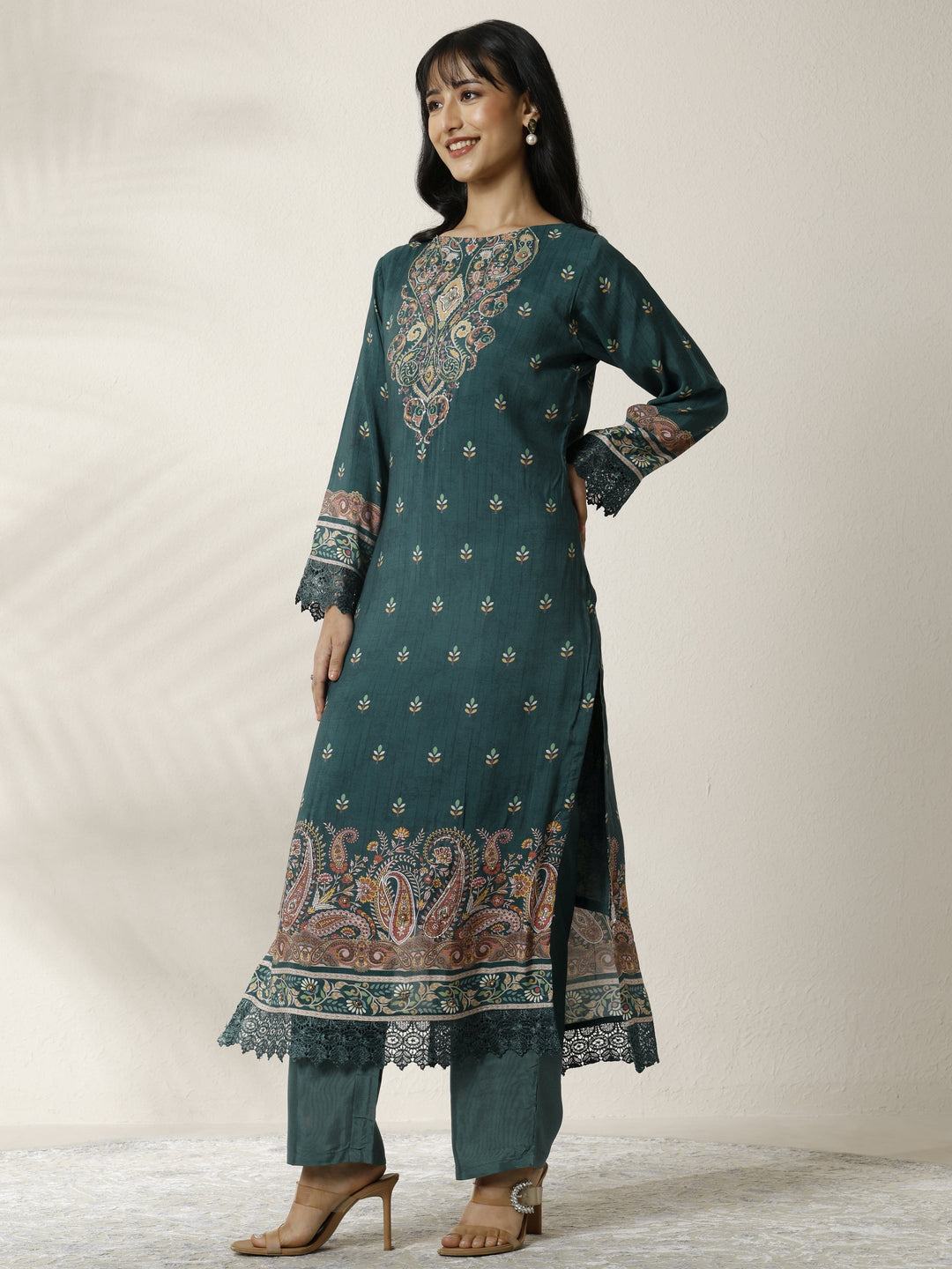 Teal Printed Muslin Straight Suit Set With Dupatta