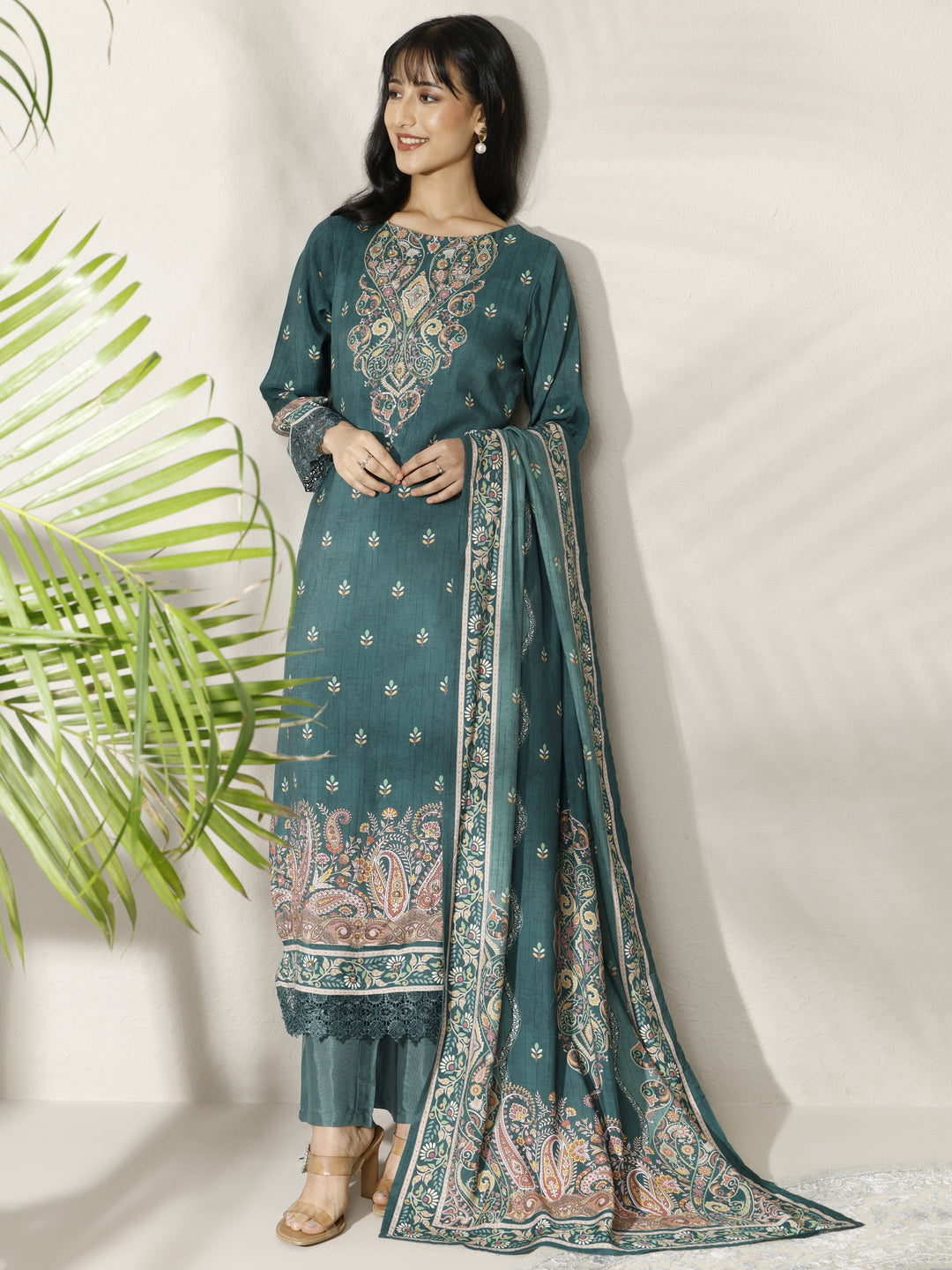 Teal Printed Muslin Straight Suit Set With Dupatta