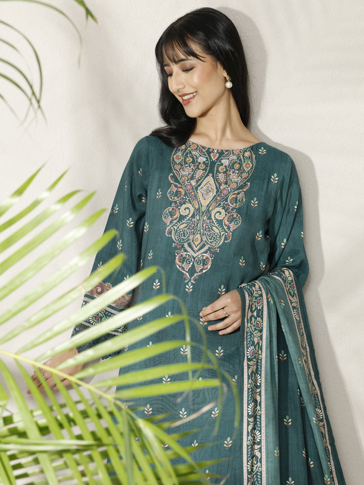 Teal Printed Muslin Straight Suit Set With Dupatta