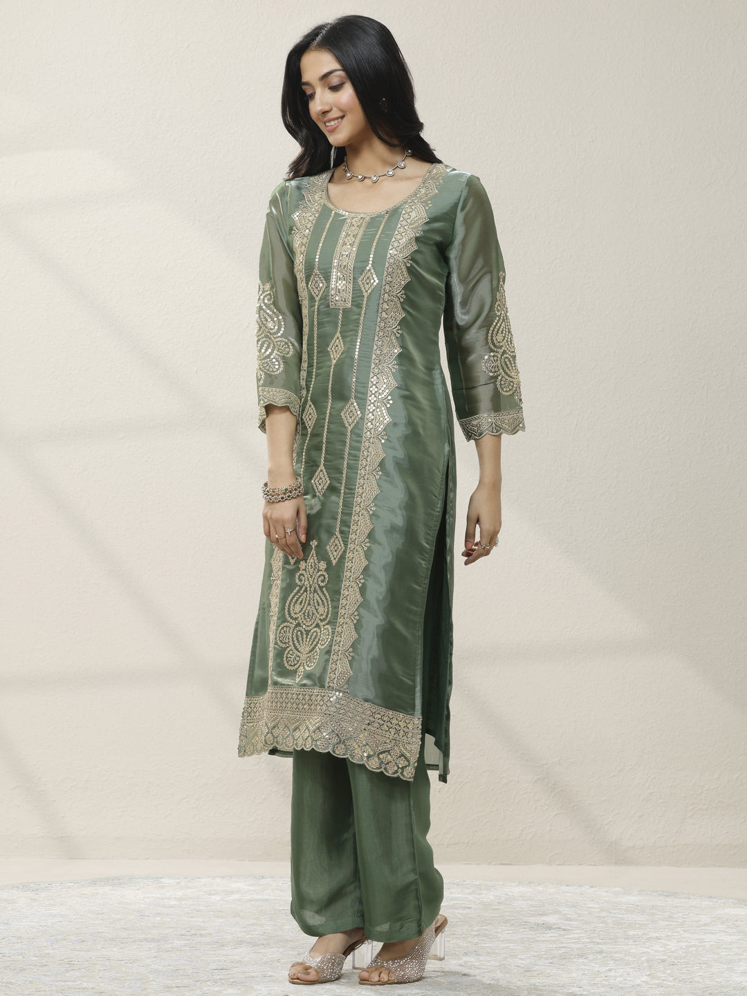 Green Embroidered Organza Straight Suit Set With Dupatta