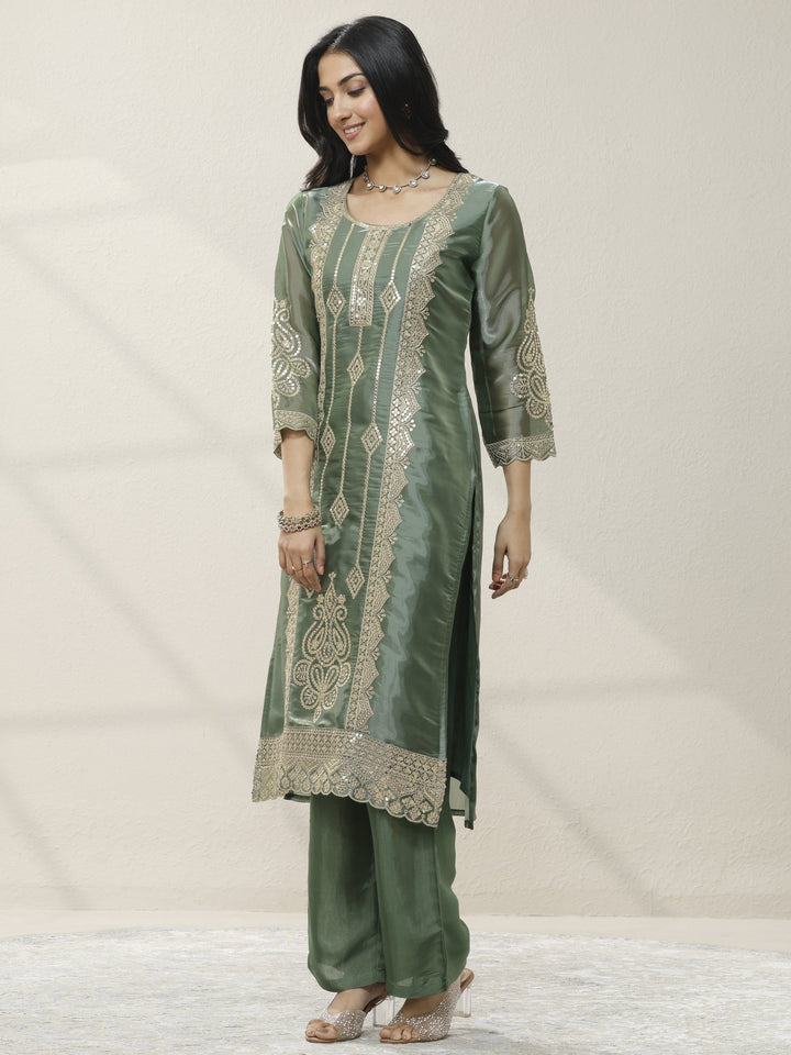 Green Embroidered Organza Straight Suit Set With Dupatta