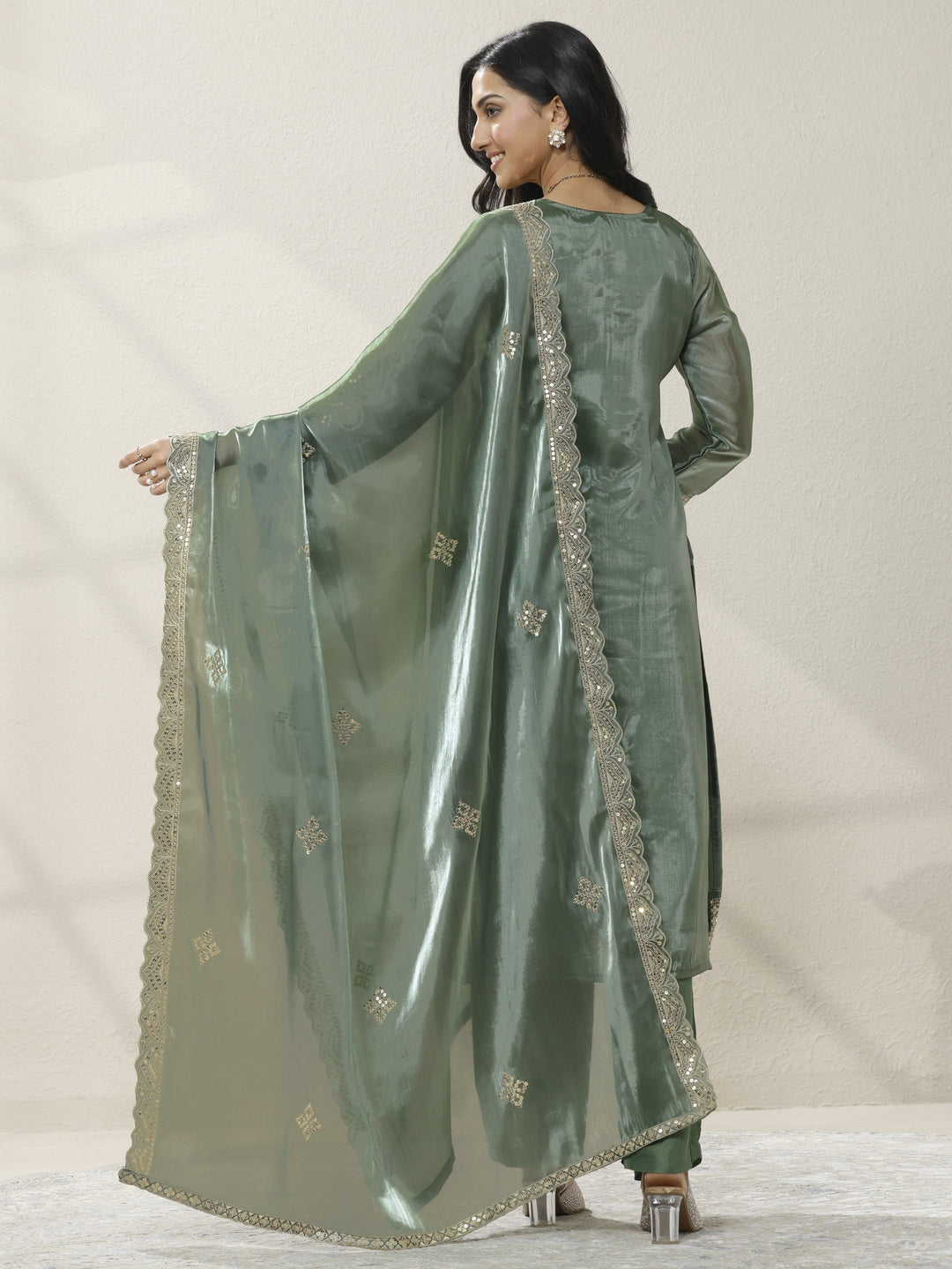 Green Embroidered Organza Straight Suit Set With Dupatta