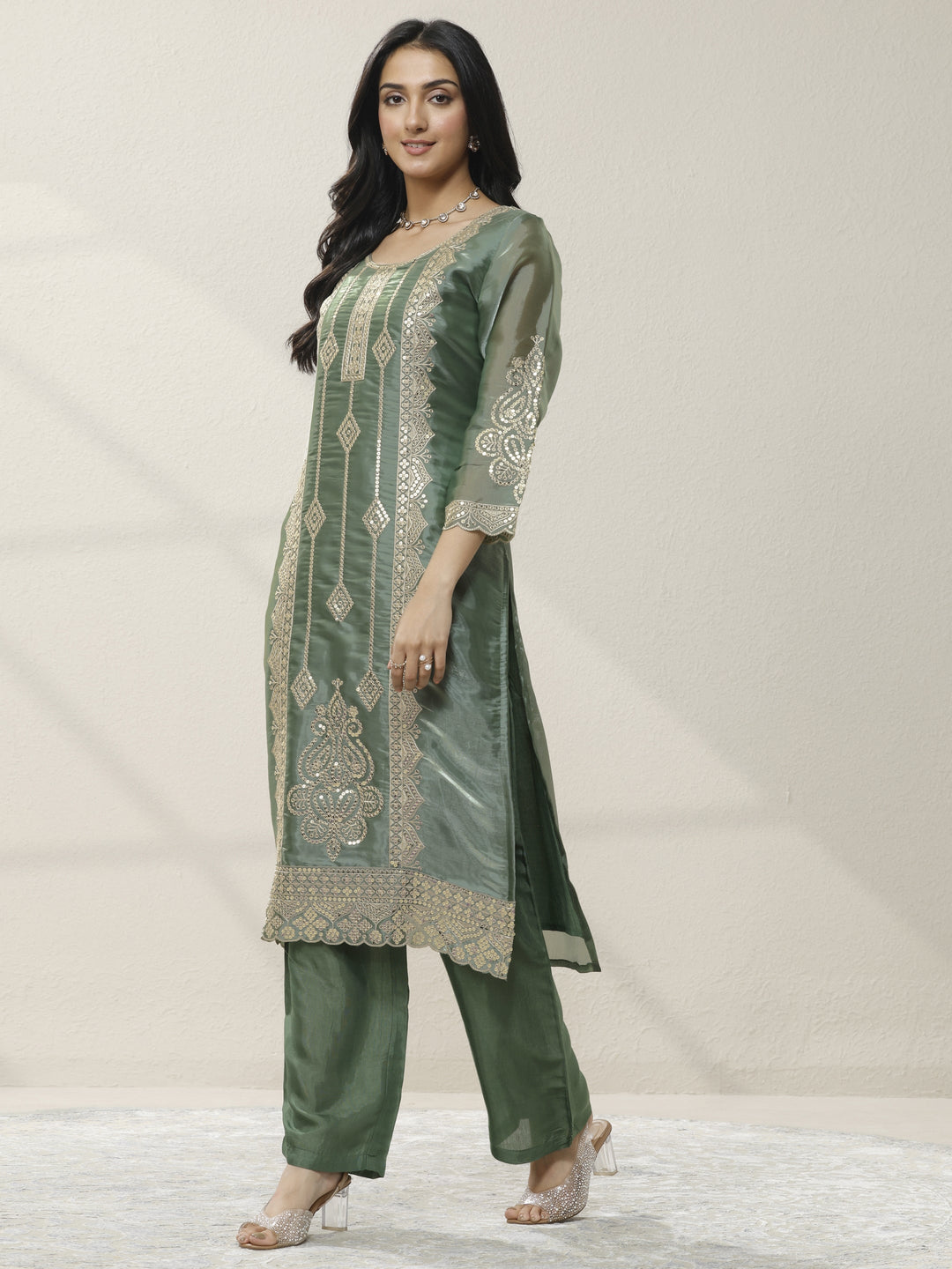 Green Embroidered Organza Straight Suit Set With Dupatta