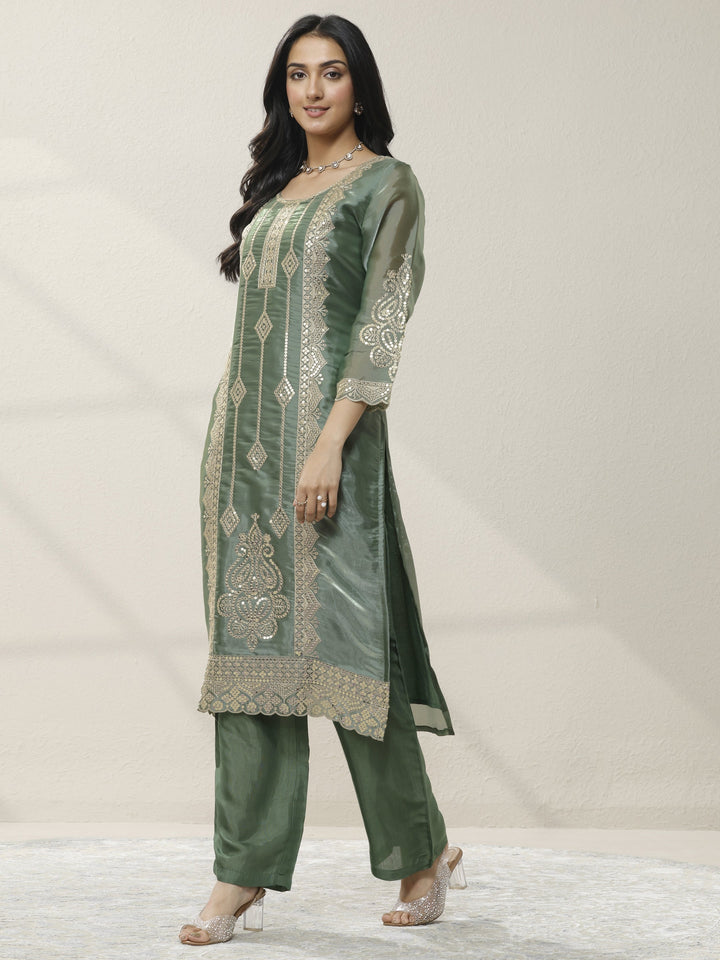 Green Embroidered Organza Straight Suit Set With Dupatta