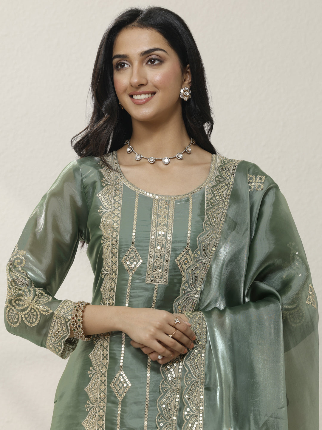 Green Embroidered Organza Straight Suit Set With Dupatta