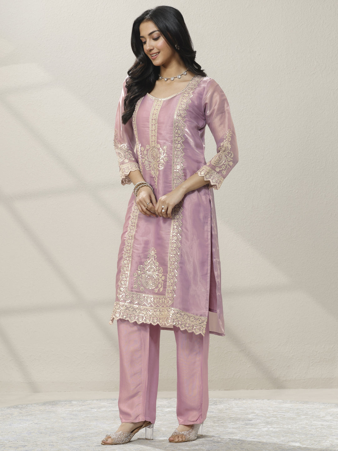 Pink Embroidered Organza Straight Suit Set With Dupatta