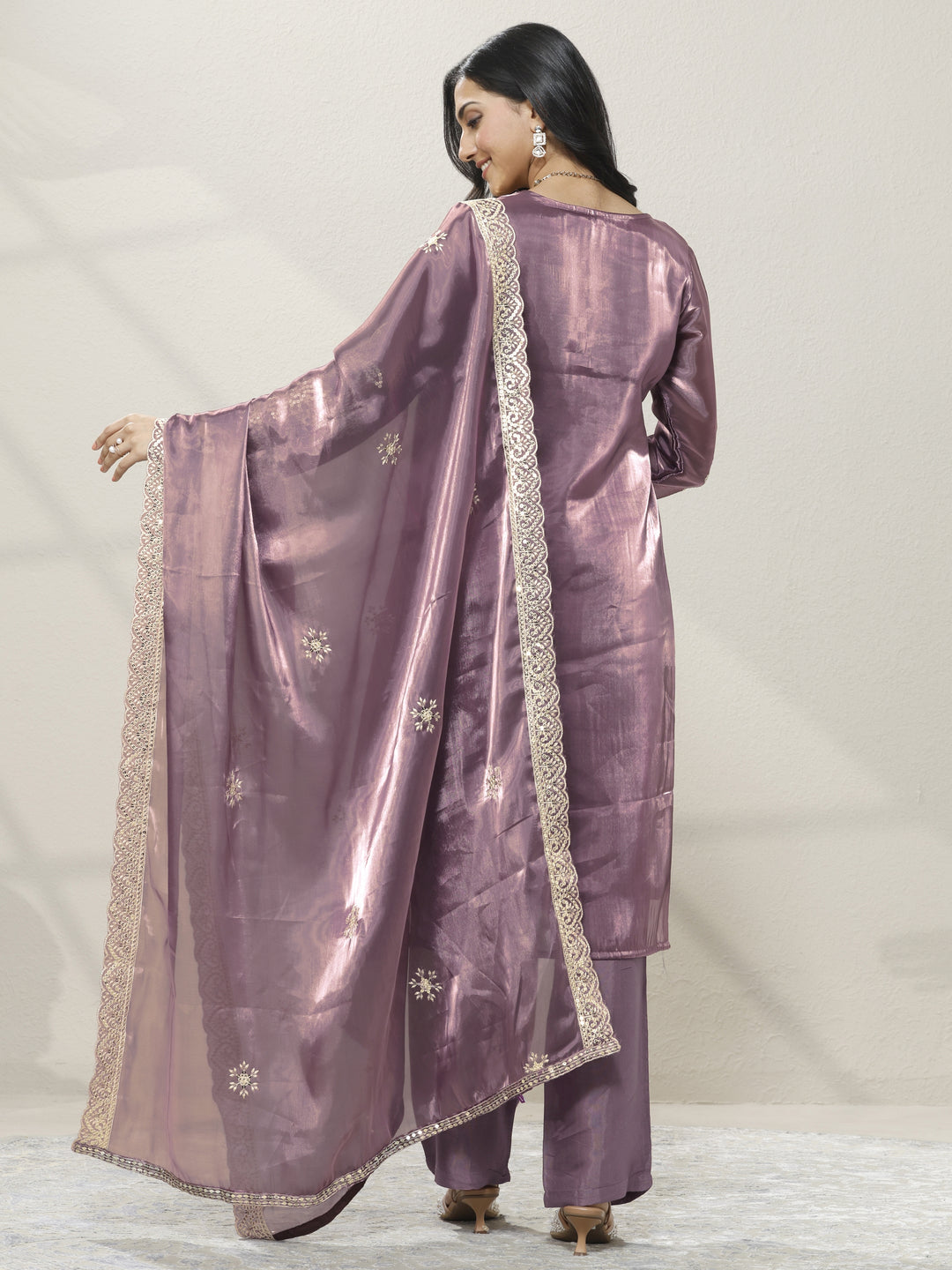 Purple Embroidered Organza Straight Suit Set With Dupatta