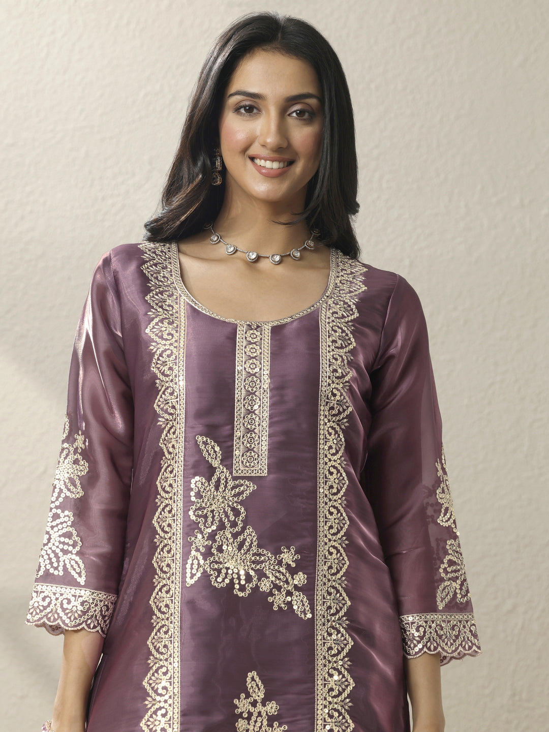 Purple Embroidered Organza Straight Suit Set With Dupatta