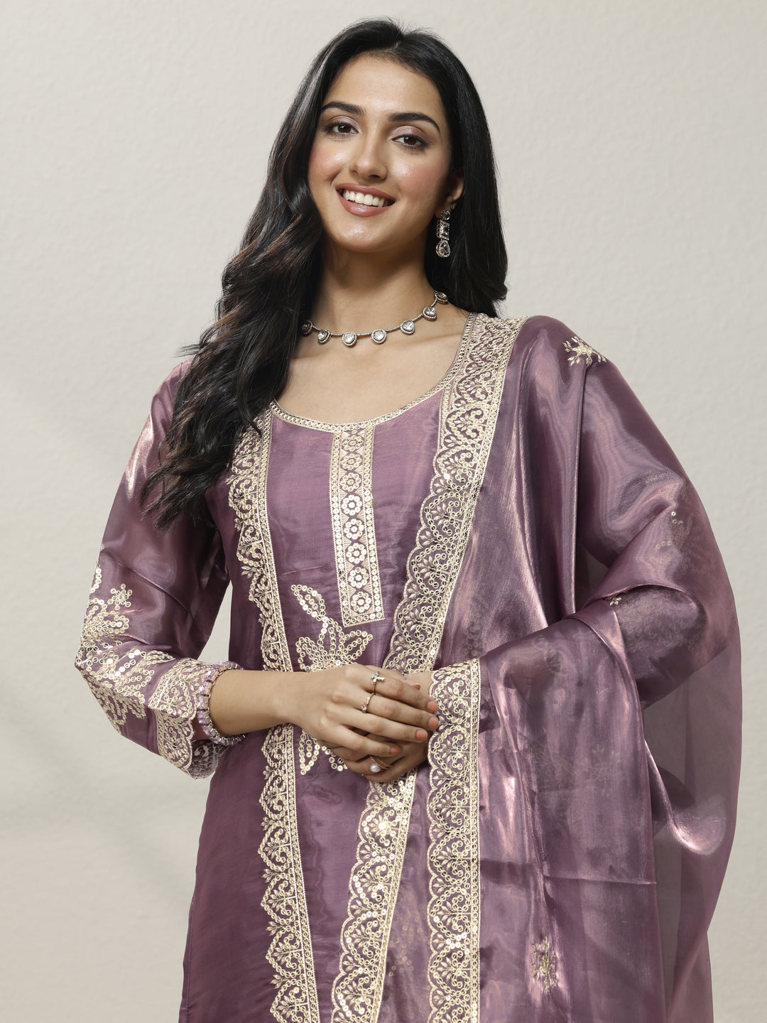 Purple Embroidered Organza Straight Suit Set With Dupatta