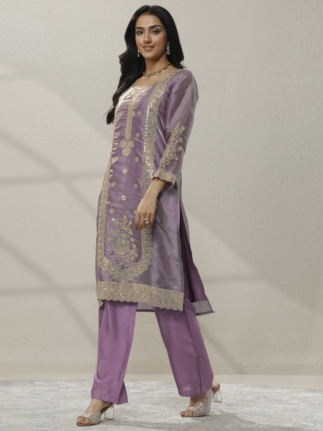 Lavender Embroidered Organza Straight Suit Set With Dupatta