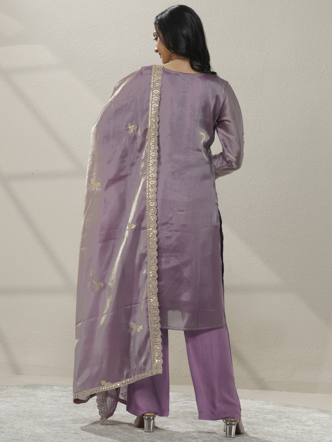 Lavender Embroidered Organza Straight Suit Set With Dupatta