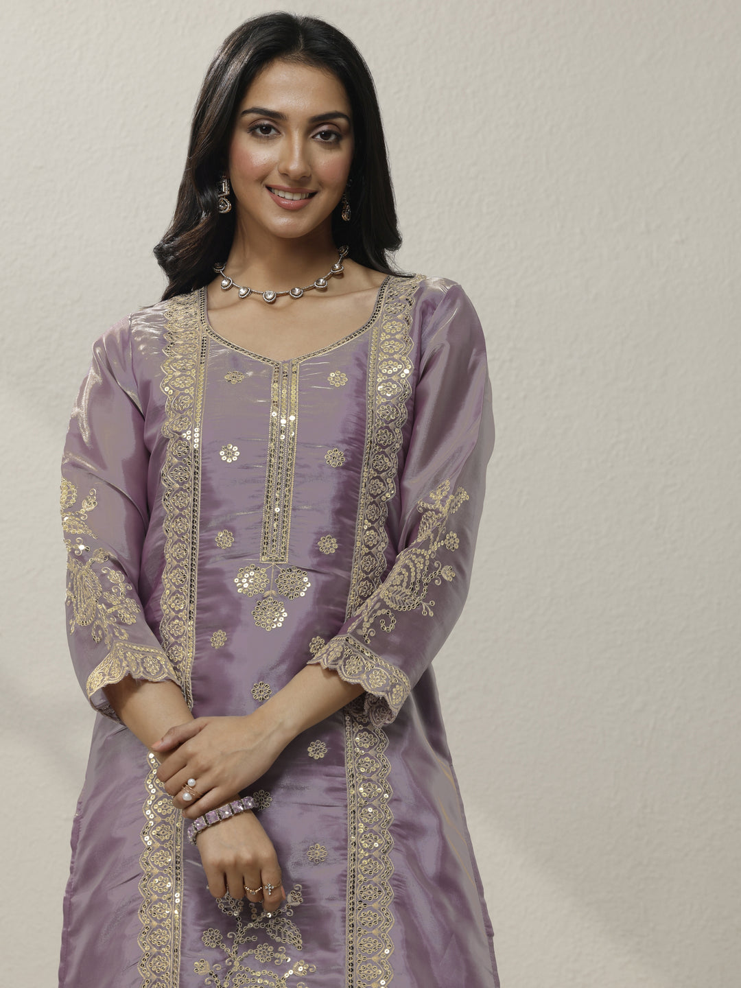 Lavender Embroidered Organza Straight Suit Set With Dupatta