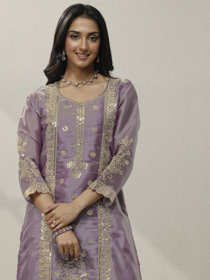 Lavender Embroidered Organza Straight Suit Set With Dupatta