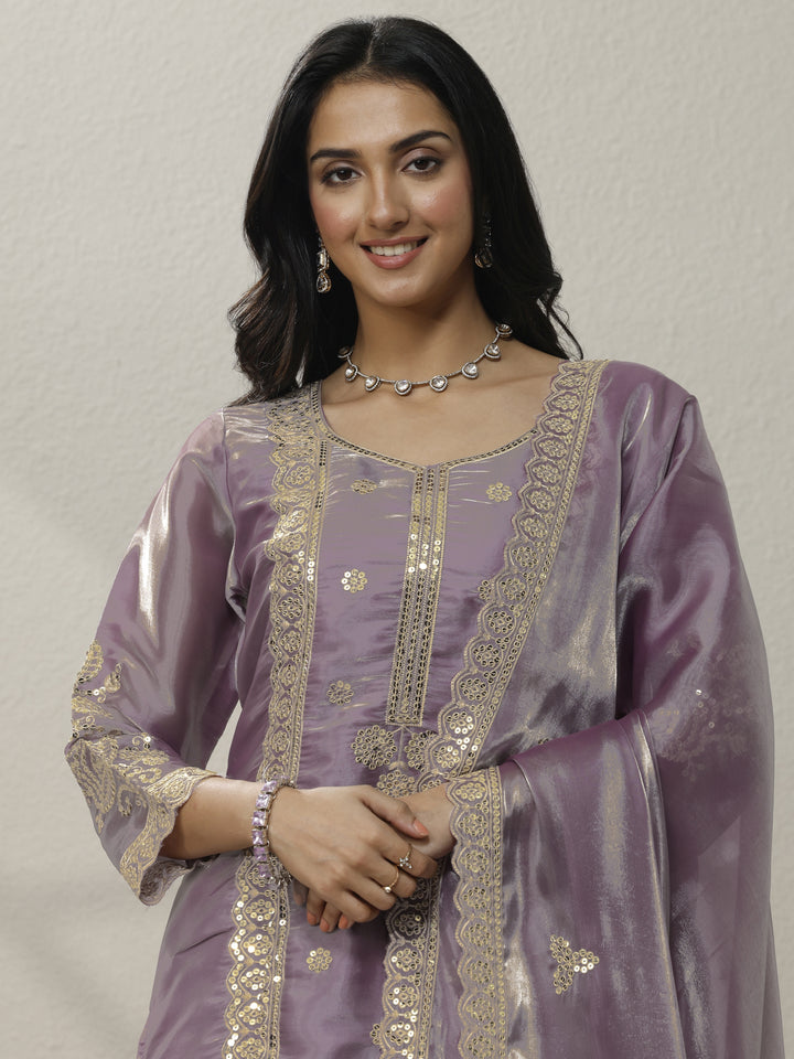 Lavender Embroidered Organza Straight Suit Set With Dupatta