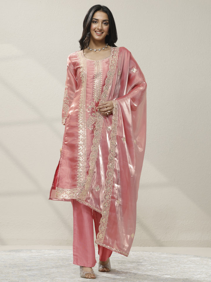 Peach Embroidered Organza Straight Suit Set With Dupatta