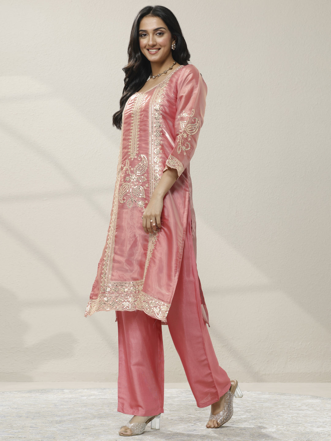 Peach Embroidered Organza Straight Suit Set With Dupatta