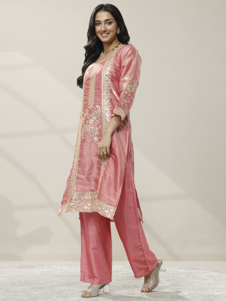 Peach Embroidered Organza Straight Suit Set With Dupatta