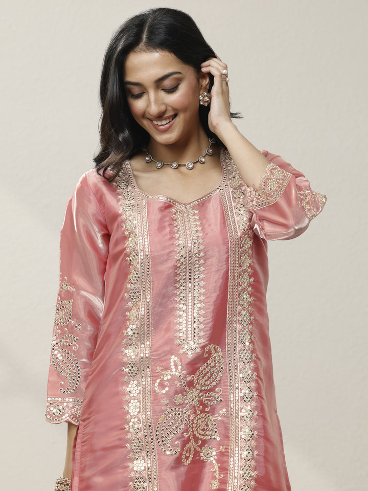 Peach Embroidered Organza Straight Suit Set With Dupatta