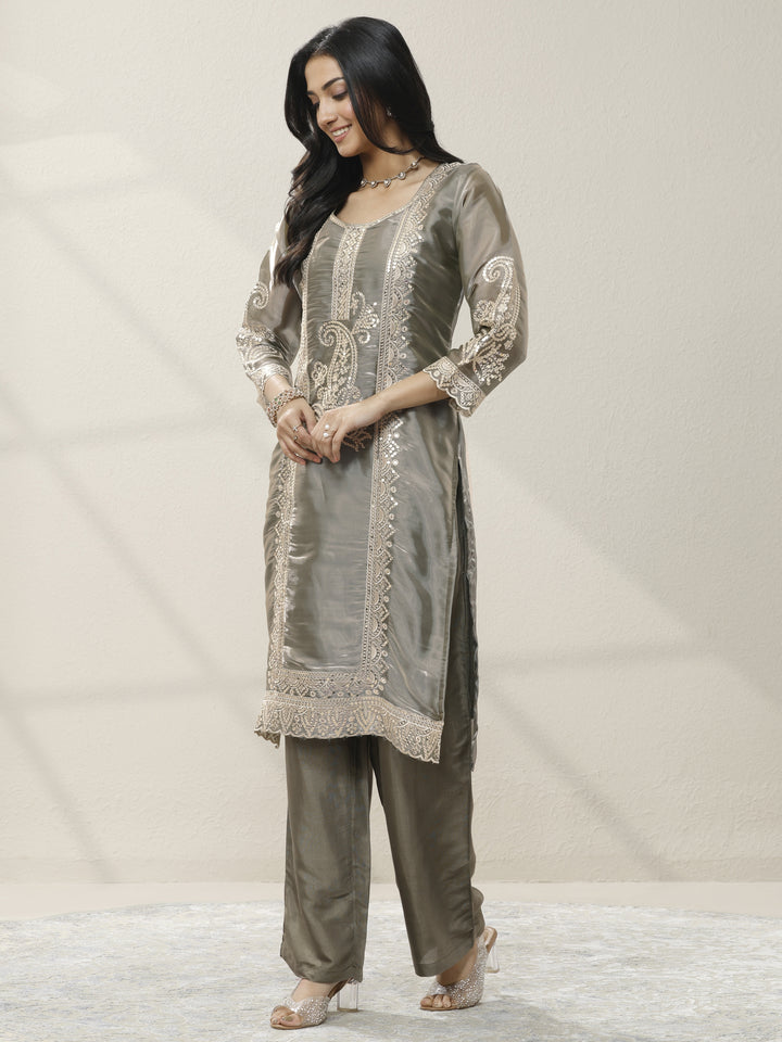 Grey Embroidered Organza Straight Suit Set With Dupatta