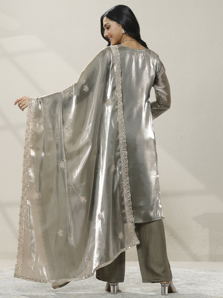 Grey Embroidered Organza Straight Suit Set With Dupatta
