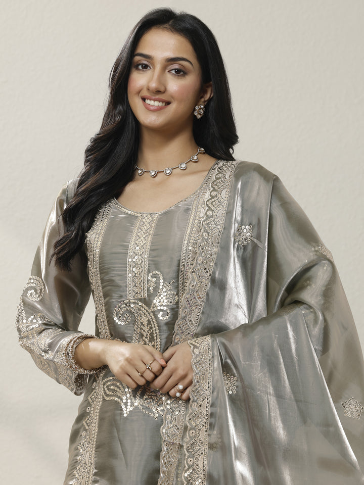 Grey Embroidered Organza Straight Suit Set With Dupatta