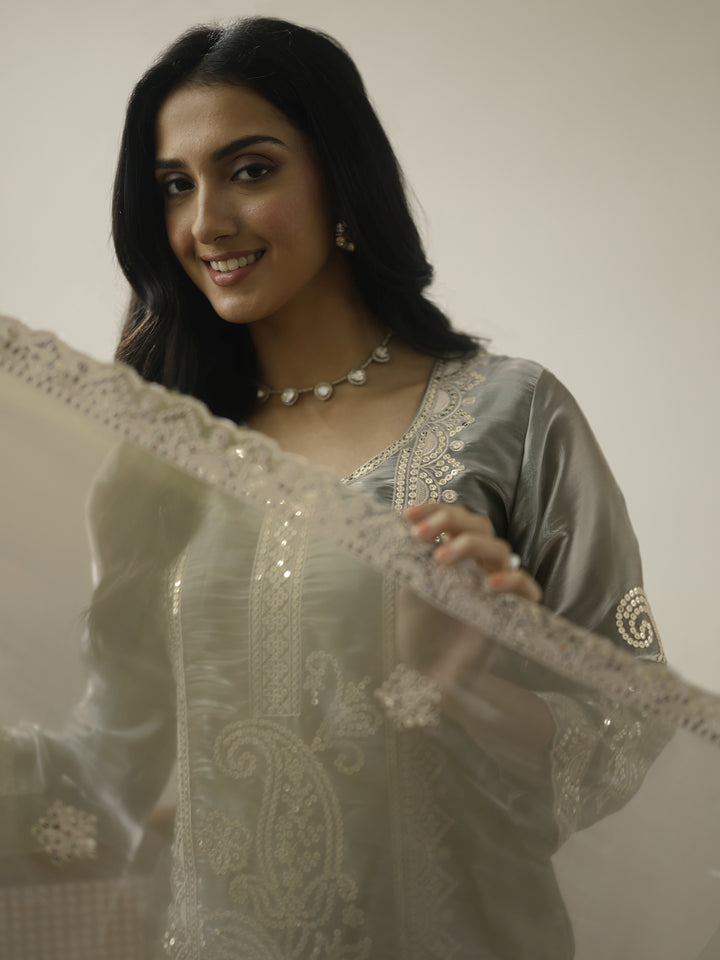 Grey Embroidered Organza Straight Suit Set With Dupatta
