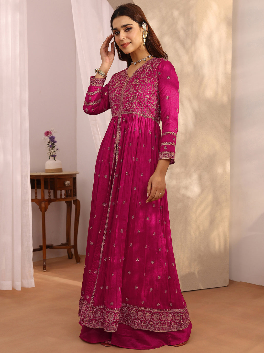 Libas Art Pink Embroidered Chinon Anarkali Suit Set With Dupatta
