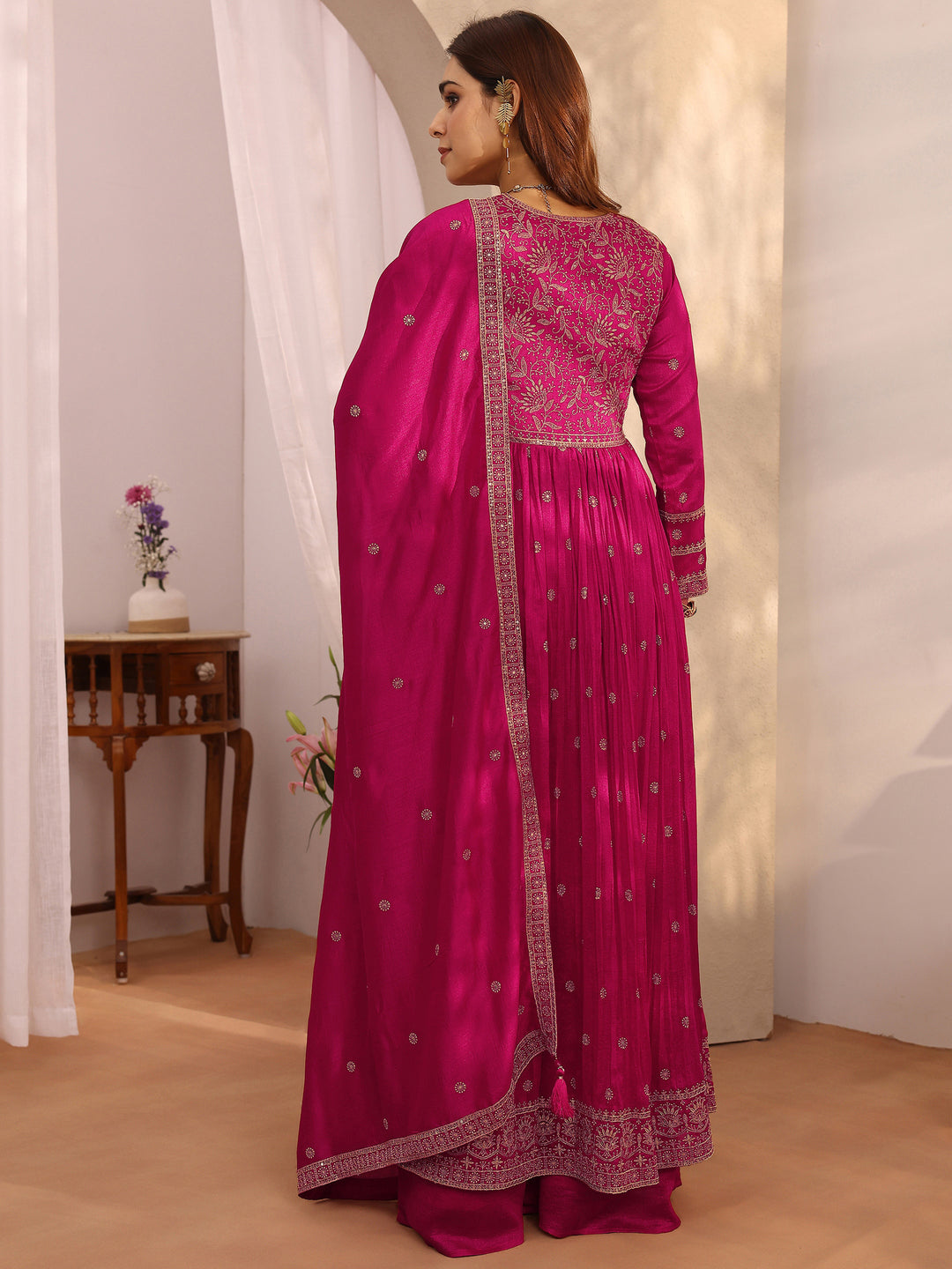 Libas Art Pink Embroidered Chinon Anarkali Suit Set With Dupatta