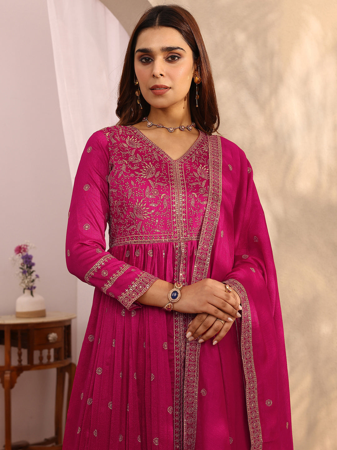 Libas Art Pink Embroidered Chinon Anarkali Suit Set With Dupatta