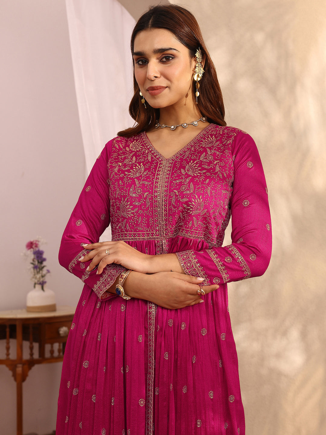 Libas Art Pink Embroidered Chinon Anarkali Suit Set With Dupatta