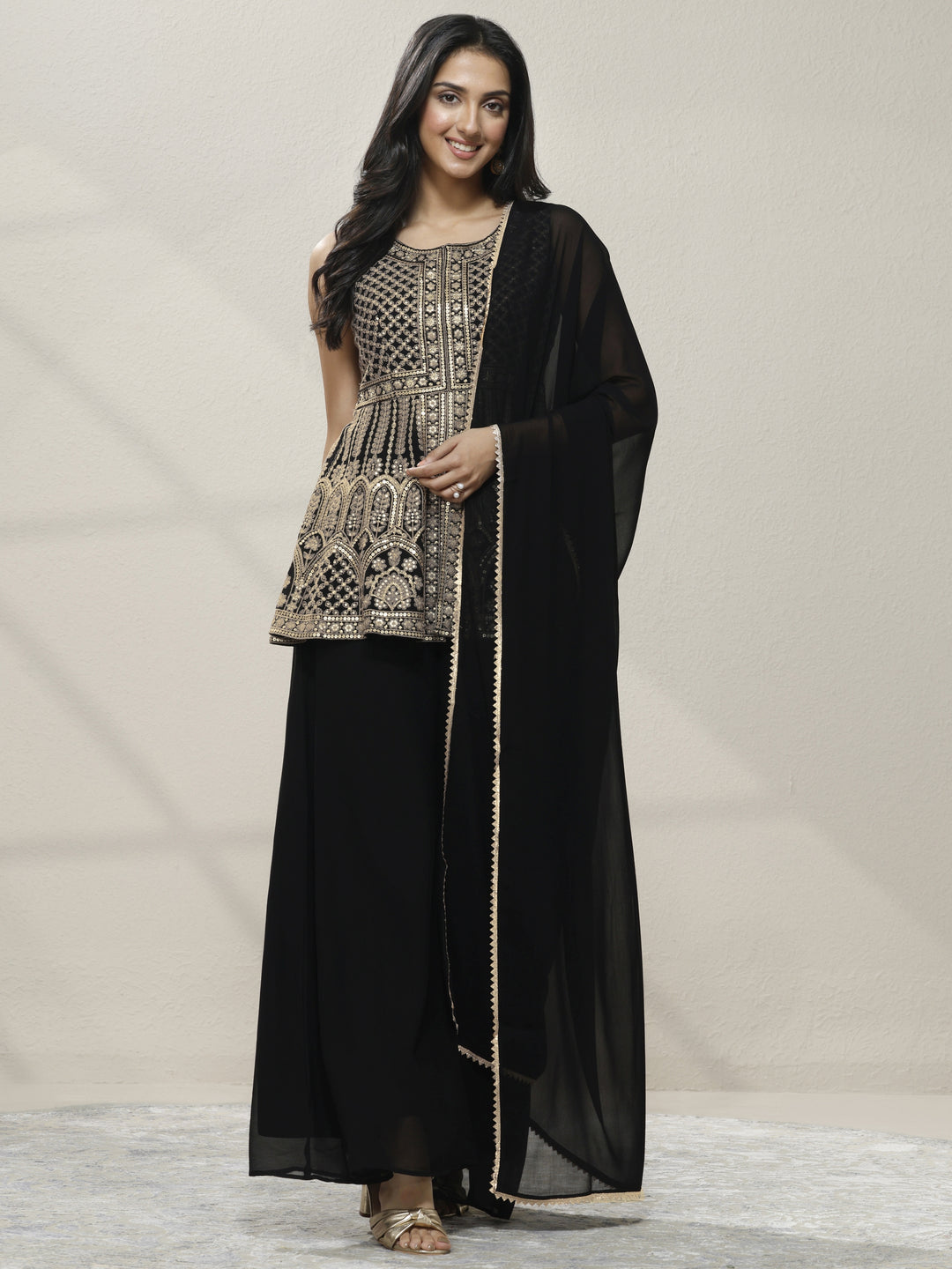 Gold Embroidered Georgette A-Line Suit Set With Dupatta