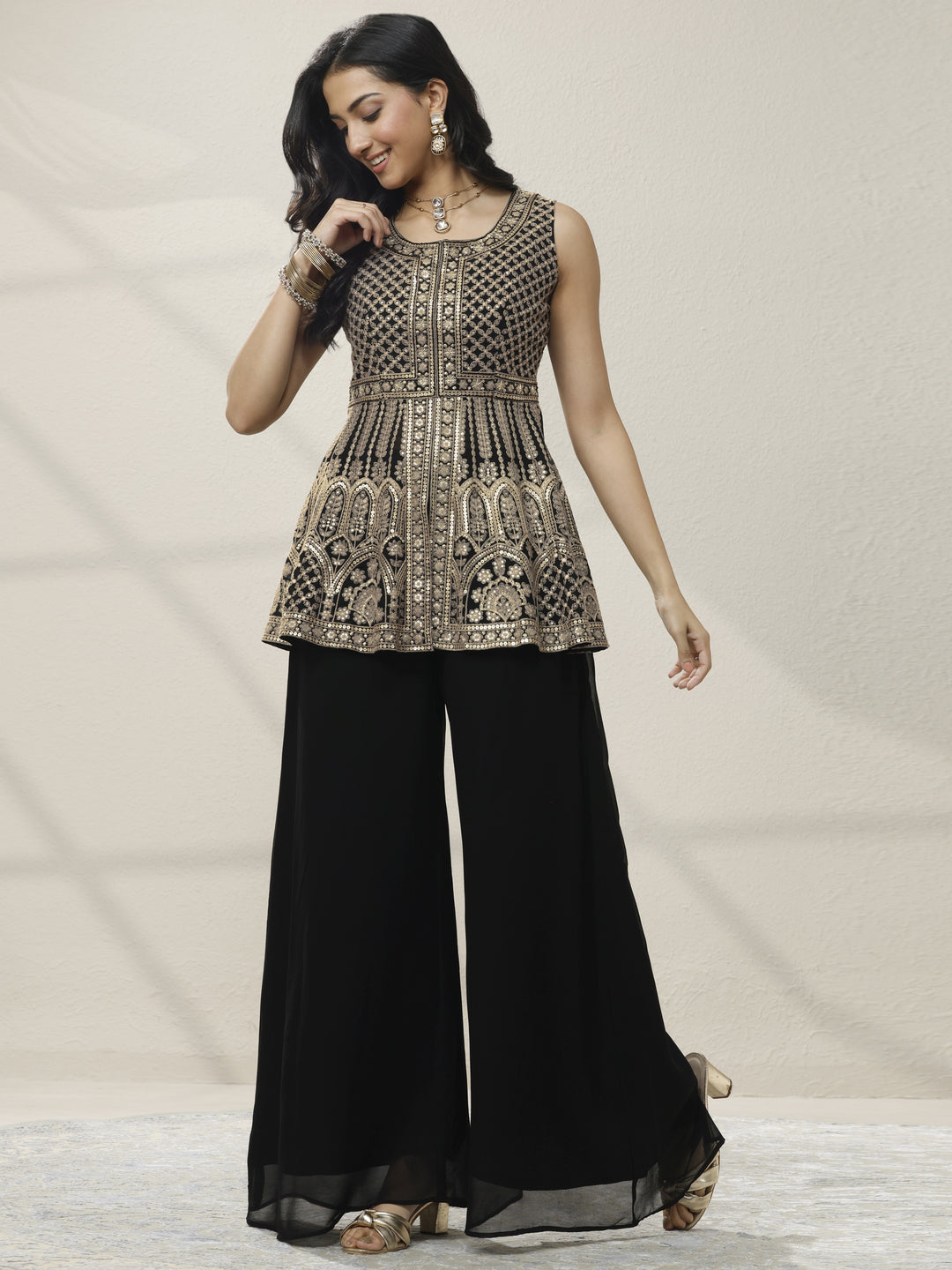 Gold Embroidered Georgette A-Line Suit Set With Dupatta