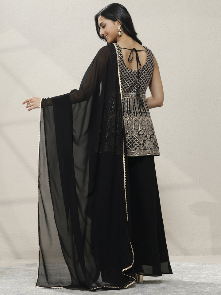 Gold Embroidered Georgette A-Line Suit Set With Dupatta