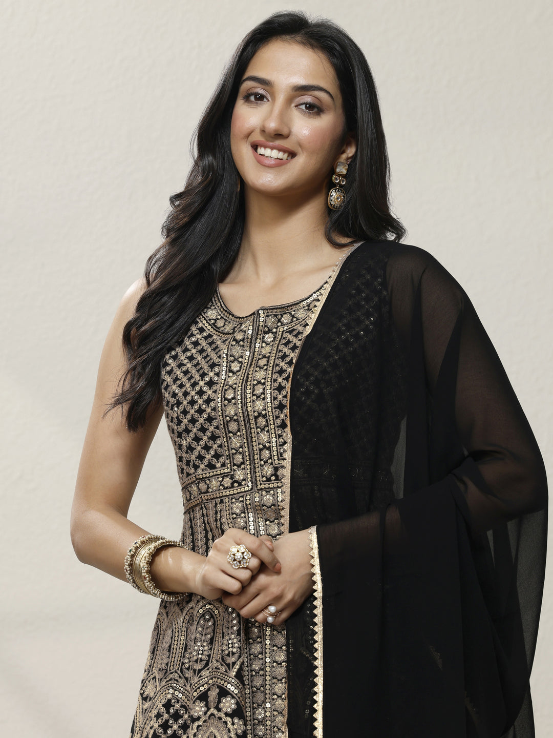 Gold Embroidered Georgette A-Line Suit Set With Dupatta