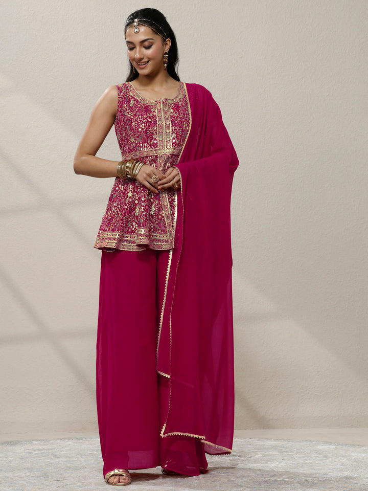 Pink Embroidered Georgette A-Line Suit Set With Dupatta