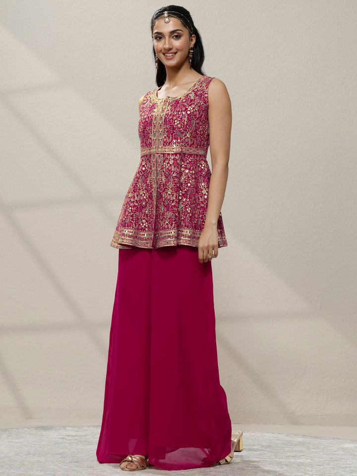 Pink Embroidered Georgette A-Line Suit Set With Dupatta