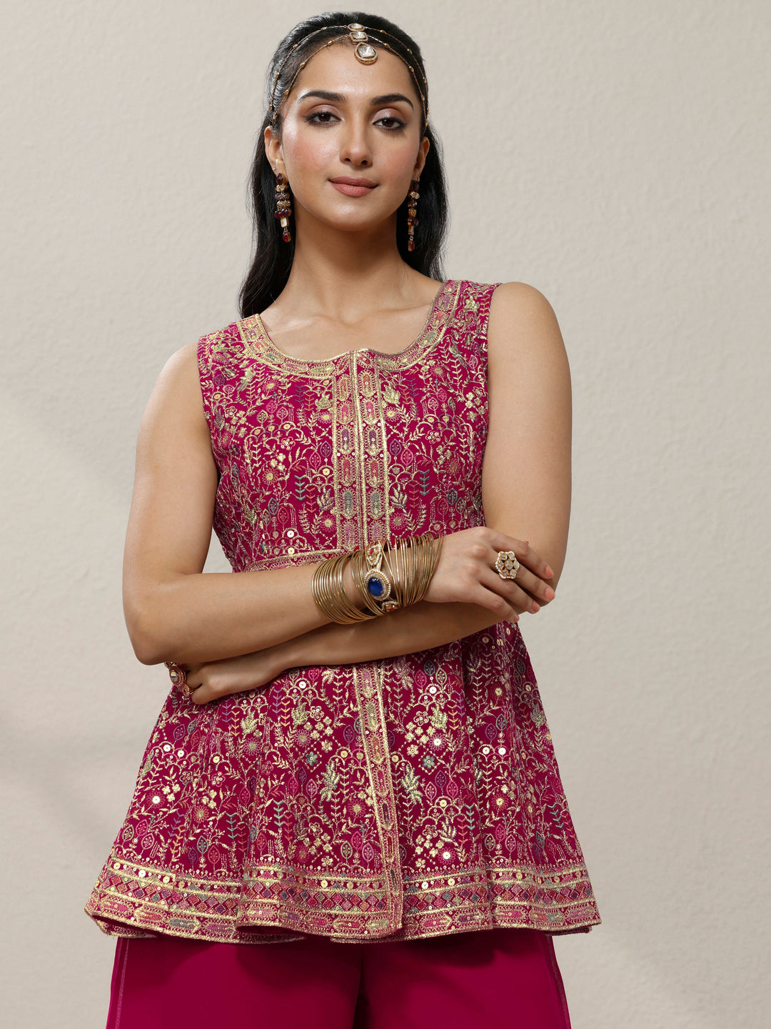 Pink Embroidered Georgette A-Line Suit Set With Dupatta