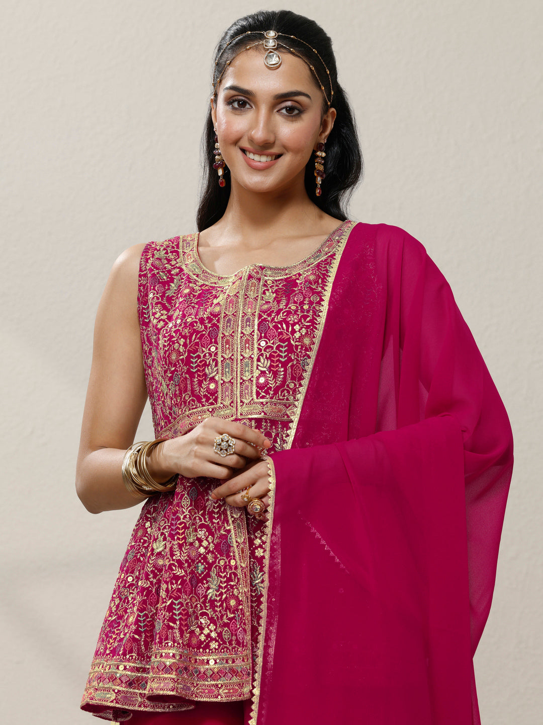 Pink Embroidered Georgette A-Line Suit Set With Dupatta