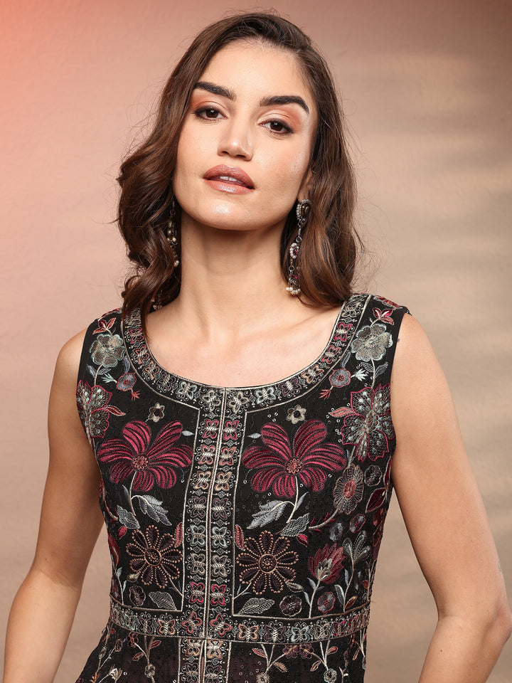 Black Embroidered Georgette Anarkali Suit Set With Dupatta