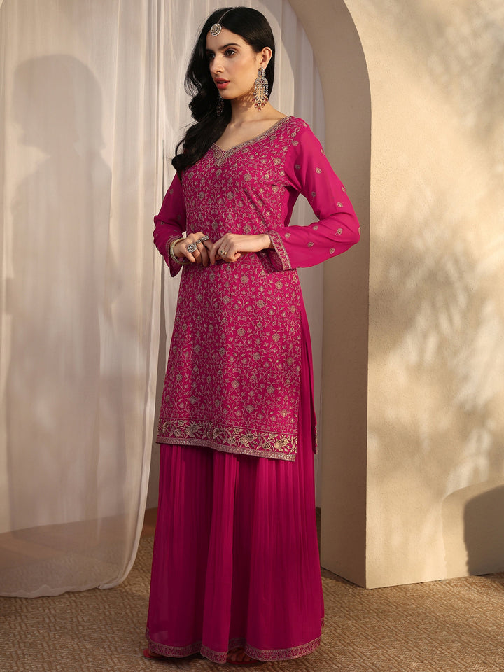 Libas Art Pink Embroidered Georgette Straight Suit Set With Dupatta