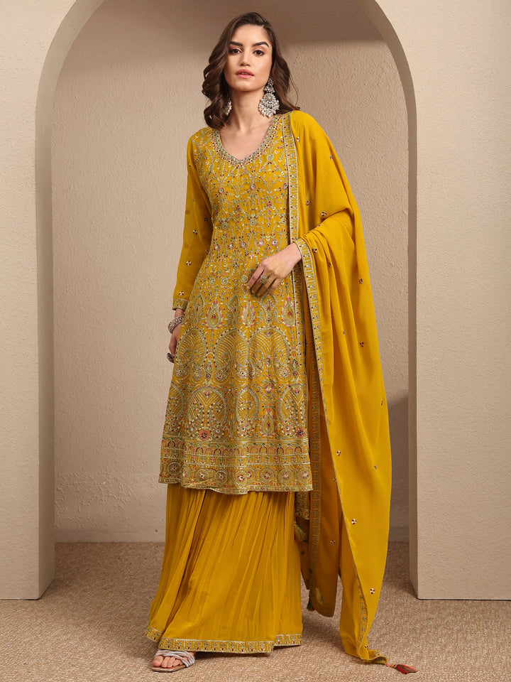 Libas Art Mustard Embroidered Georgette A-line Suit Set With Dupatta