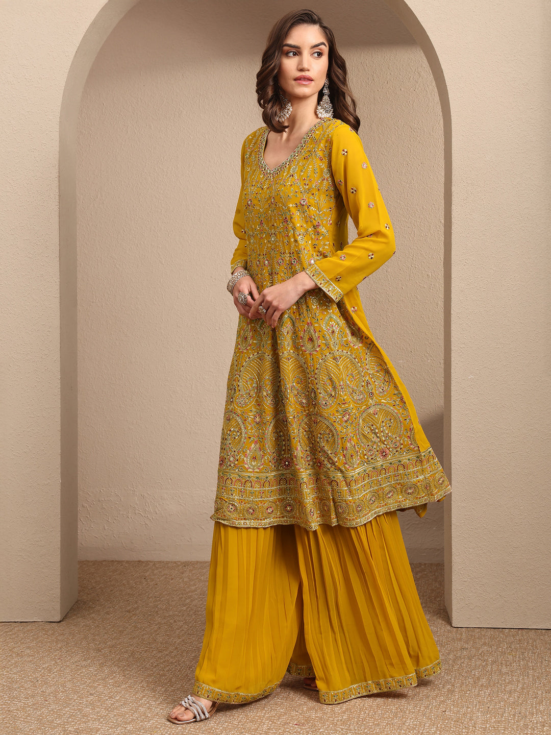 Libas Art Mustard Embroidered Georgette A-line Suit Set With Dupatta