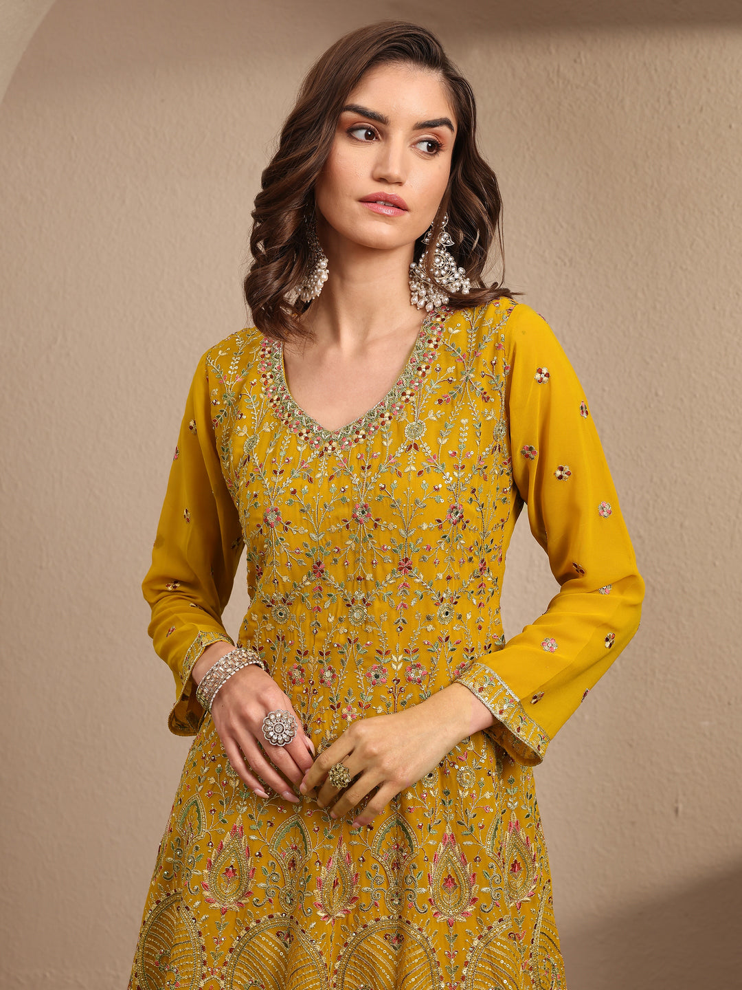 Libas Art Mustard Embroidered Georgette A-line Suit Set With Dupatta