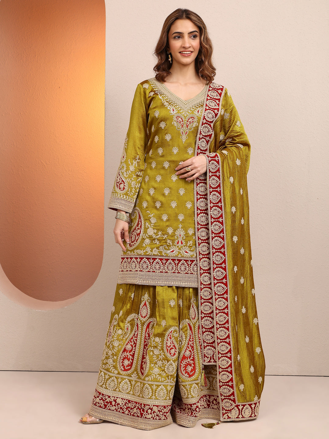 Libas Art Olive Embroidered Chinon Straight Suit Set With Dupatta