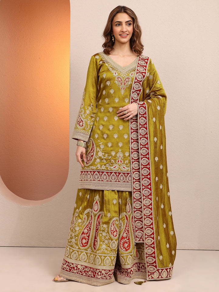 Libas Art Olive Embroidered Chinon Straight Suit Set With Dupatta