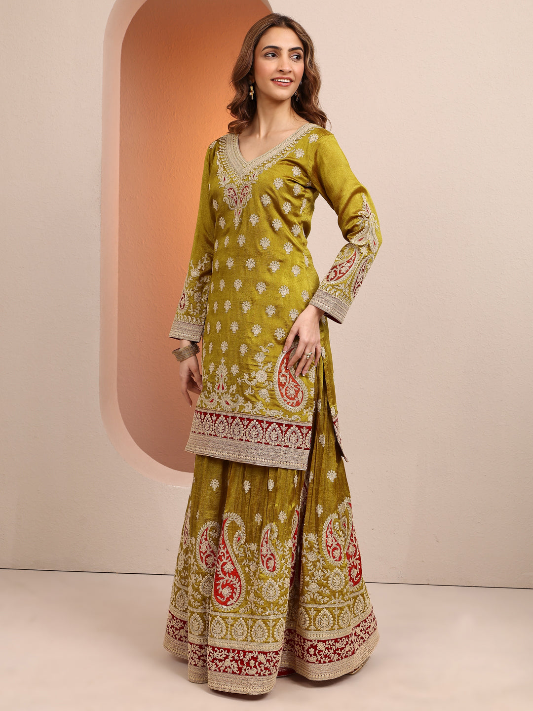 Libas Art Olive Embroidered Chinon Straight Suit Set With Dupatta