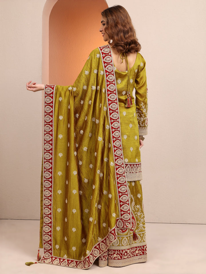 Libas Art Olive Embroidered Chinon Straight Suit Set With Dupatta